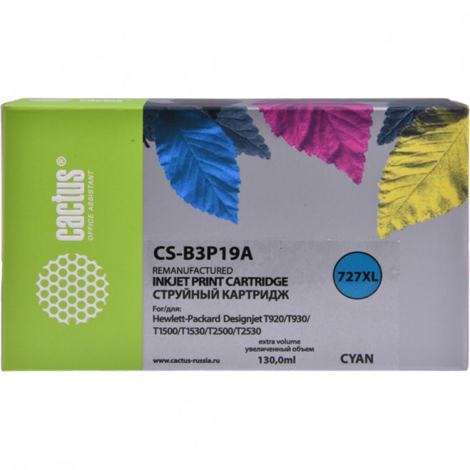 Струйный картридж CACTUS CS-B3P19A (HP 727) для HP DesignJet T920 ePrinter (CR354A), T930, T1500 ePrinter (CR356A), T1500 PostScript (CR357A), T1530, T2500 eMFP (CR358A), T2530, увеличенной емкости, голубой, 130 мл CS-B3P19A-1 Струйный картридж CACTUS CS-B3P19A (HP 727) для HP DesignJet T920 ePrinter (CR354A), T930, T1500 ePrinter (CR356A), T1500 PostScript (CR357A), T1530, T2500 eMFP (CR358A), T2530, увеличенной емкости, голубой, 130 мл CS-B3P19A-1
