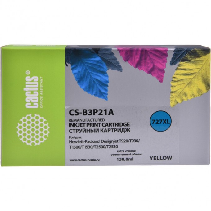 Струйный картридж CACTUS CS-B3P21A (HP 727) для HP DesignJet T920 ePrinter (CR354A), T930, T1500 ePrinter (CR356A), T1500 PostScript (CR357A), T1530, T2500 eMFP (CR358A), T2530, увеличенной емкости, желтый, 130 мл CS-B3P21A-1 Струйный картридж CACTUS CS-B3P21A (HP 727) для HP DesignJet T920 ePrinter (CR354A), T930, T1500 ePrinter (CR356A), T1500 PostScript (CR357A), T1530, T2500 eMFP (CR358A), T2530, увеличенной емкости, желтый, 130 мл CS-B3P21A-1