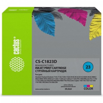 Струйный картридж CACTUS CS-C1823D (HP 23) для HP Color Copier 140, 150, 160, 170, 180, 190, 260, 270, 280; DeskJet 700, 710, 720, 810, 830, 880, 890, 895, 1120; OfficeJet 1170, 1175, r40, r45, r60, r65, r80, t45, t65; PSC 500, цветной, 39 мл Струйный картридж CACTUS CS-C1823D (HP 23) для HP Color Copier 140, 150, 160, 170, 180, 190, 260, 270, 280; DeskJet 700, 710, 720, 810, 830, 880, 890, 895, 1120; OfficeJet 1170, 1175, r40, r45, r60, r65, r80, t45, t65; PSC 500, цветной, 39 мл