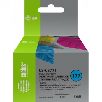 Струйный картридж CACTUS CS-C8771 (HP 177) для HP PhotoSmart 3100, 3210, 3213, 3310, 3313, C5183, C6100, C6183, C6200, C6283, C7183, C7200, C7280, C7283, C8183, D7100, D7160, D7163, D7300, D7363, D7463, голубой, 11,4 мл Струйный картридж CACTUS CS-C8771 (HP 177) для HP PhotoSmart 3100, 3210, 3213, 3310, 3313, C5183, C6100, C6183, C6200, C6283, C7183, C7200, C7280, C7283, C8183, D7100, D7160, D7163, D7300, D7363, D7463, голубой, 11,4 мл