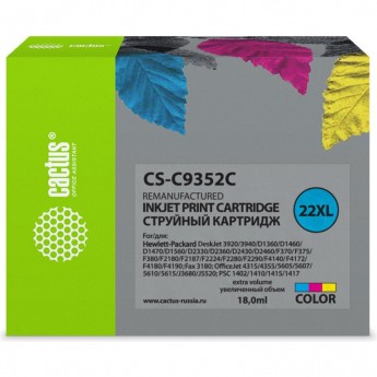 Струйный картридж CACTUS CS-C9352C (HP 22XL) для HP DeskJet 3920, 3940, D1300, D1400, D1560, D2360, D2400, F300, F2100, F2280, F2290, F4172; OfficeJet 1410, 4300, 4352, J3680, J5520; PSC 1400, увеличенной емкости, цветной, 18 мл Струйный картридж CACTUS CS-C9352C (HP 22XL) для HP DeskJet 3920, 3940, D1300, D1400, D1560, D2360, D2400, F300, F2100, F2280, F2290, F4172; OfficeJet 1410, 4300, 4352, J3680, J5520; PSC 1400, увеличенной емкости, цветной, 18 мл