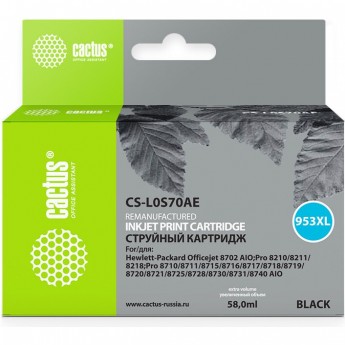Струйный картридж CACTUS CS-L0S70AE (HP 953XL) для HP OfficeJet 7720 Pro, 7730 Pro, 7740 Pro, 8210 Pro, 8218 Pro, 8710 Pro, 8715 Pro, 8716 Pro, 8720 Pro, 8725 Pro, 8728 Pro, 8730 Pro, 8740 Pro, увеличенной емкости, черный, 58 мл Струйный картридж CACTUS CS-L0S70AE (HP 953XL) для HP OfficeJet 7720 Pro, 7730 Pro, 7740 Pro, 8210 Pro, 8218 Pro, 8710 Pro, 8715 Pro, 8716 Pro, 8720 Pro, 8725 Pro, 8728 Pro, 8730 Pro, 8740 Pro, увеличенной емкости, черный, 58 мл