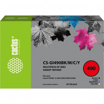Чернила CACTUS CS-GI490 для Canon Pixma G1400, G2400, G3400, черный/голубой/пурпурный/желтый, набор, 4x100 мл Чернила CACTUS CS-GI490 для Canon Pixma G1400, G2400, G3400, черный/голубой/пурпурный/желтый, набор, 4x100 мл