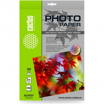 Фотобумага CACTUS CS-GA4180100 A4 180г/м2 белая глянцевая для струйной печати 100л Фотобумага CACTUS CS-GA4180100 A4 180г/м2 белая глянцевая для струйной печати 100л