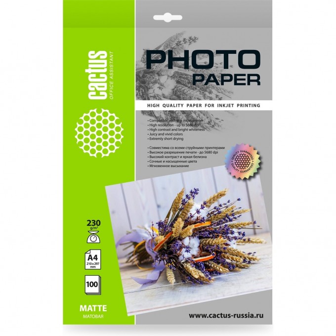 Фотобумага CACTUS A4 230г/м2 белая матовая для струйной печати 100л cs-ma4230100 Фотобумага CACTUS A4 230г/м2 белая матовая для струйной печати 100л cs-ma4230100