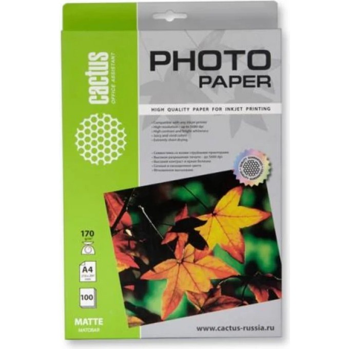 Фотобумага CACTUS , формат A4, 170г/м2, белая CS-MA4170100 Фотобумага CACTUS , формат A4, 170г/м2, белая CS-MA4170100