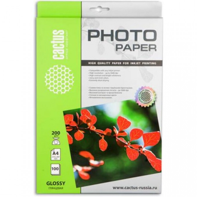 Фотобумага CACTUS , формат A4, 200г/м2, белая CS-GA4200100 Фотобумага CACTUS , формат A4, 200г/м2, белая CS-GA4200100