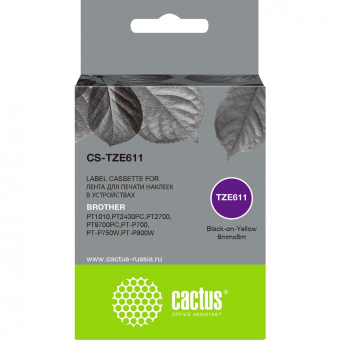 Ленточный картридж CACTUS для Brother 1010, 1280, 1280VP, 2700VP, черный CS-TZE611 Ленточный картридж CACTUS для Brother 1010, 1280, 1280VP, 2700VP, черный CS-TZE611