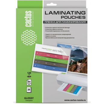Пленка для ламинирования CACTUS глянцевая, A4, 216x303мм CS-LPGA412525 Пленка для ламинирования CACTUS глянцевая, A4, 216x303мм CS-LPGA412525