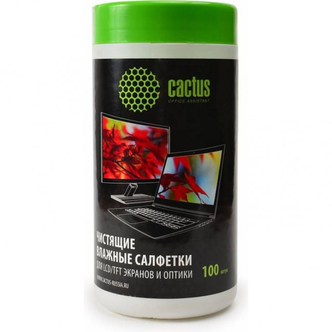 Салфетки CACTUS для экранов и оптики туба 100шт влажных CS-T1001 Салфетки CACTUS для экранов и оптики туба 100шт влажных CS-T1001