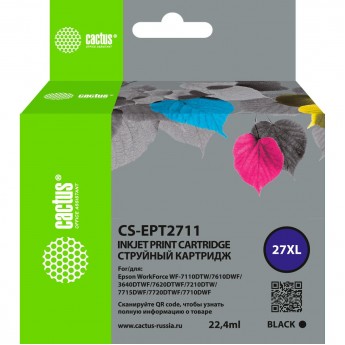 Струйный картридж CACTUS CS-EPT2711 (27XL) для Epson WorkForce WF-3620, 3640, 7110, 7210, черный Струйный картридж CACTUS CS-EPT2711 (27XL) для Epson WorkForce WF-3620, 3640, 7110, 7210, черный