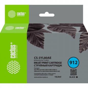 Струйный картридж CACTUS CS-3YL80AE (HP 912), для HP OfficeJet 8010, 8012, 8013, 8014, 8015, 8020, 8025, черный, 18 мл Струйный картридж CACTUS CS-3YL80AE (HP 912), для HP OfficeJet 8010, 8012, 8013, 8014, 8015, 8020, 8025, черный, 18 мл