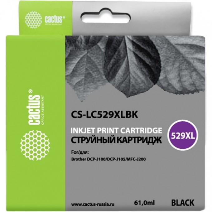 Струйный картридж CACTUS (LC529XL-BK) для принтеров Brother DCP J100, DCP J105, MFC J200, увеличенной емкости, черный, 61 мл CS-LC529XLBK Струйный картридж CACTUS (LC529XL-BK) для принтеров Brother DCP J100, DCP J105, MFC J200, увеличенной емкости, черный, 61 мл CS-LC529XLBK