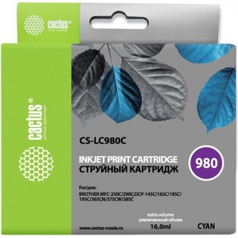 Струйный картридж CACTUS CS-LC980C (LC980C) для принтеров Brother DCP-145c, 163c, 165c, 167c, 195c, 197c, 365cn, 375cw, 377cw, MFC-250c, 255cw, 257cw, 290c, 295cn, 297c, голубой, 16 мл Струйный картридж CACTUS CS-LC980C (LC980C) для принтеров Brother DCP-145c, 163c, 165c, 167c, 195c, 197c, 365cn, 375cw, 377cw, MFC-250c, 255cw, 257cw, 290c, 295cn, 297c, голубой, 16 мл