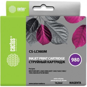 Струйный картридж CACTUS CS-LC980M (LC980M) для принтеров Brother DCP-145c, 163c, 165c, 167c, 195c, 197c, 365cn, 375cw, 377cw, MFC-250c, 255cw, 257cw, 290c, 295cn, 297c, пурпурный, 16 мл Струйный картридж CACTUS CS-LC980M (LC980M) для принтеров Brother DCP-145c, 163c, 165c, 167c, 195c, 197c, 365cn, 375cw, 377cw, MFC-250c, 255cw, 257cw, 290c, 295cn, 297c, пурпурный, 16 мл