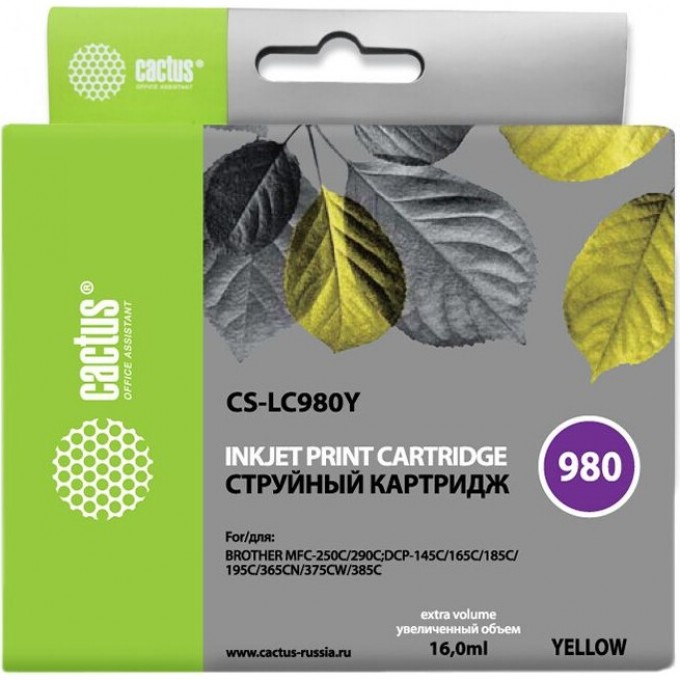 Струйный картридж CACTUS (LC980Y) для принтеров Brother DCP-145c, 163c, 165c, 167c, 195c, 197c, 365cn, 375cw, 377cw, MFC-250c, 255cw, 257cw, 290c, 295cn, 297c, желтый, 16 мл CS-LC980Y Струйный картридж CACTUS (LC980Y) для принтеров Brother DCP-145c, 163c, 165c, 167c, 195c, 197c, 365cn, 375cw, 377cw, MFC-250c, 255cw, 257cw, 290c, 295cn, 297c, желтый, 16 мл CS-LC980Y