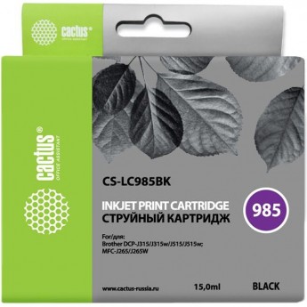 Струйный картридж CACTUS CS-LC985BK (LC985BK) для принтеров Brother DCP J125, DCP J140w, DCP J315, DCP J315w, DCP J515, DCP J515w, MFC J220, MFC J265, MFC J265w, MFC J410, MFC J415w, черный, 15 мл Струйный картридж CACTUS CS-LC985BK (LC985BK) для принтеров Brother DCP J125, DCP J140w, DCP J315, DCP J315w, DCP J515, DCP J515w, MFC J220, MFC J265, MFC J265w, MFC J410, MFC J415w, черный, 15 мл
