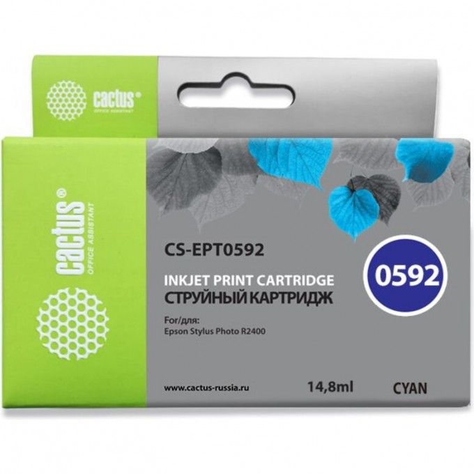 Струйный картридж CACTUS (T0592) для принтеров Epson Stylus Photo R2400, голубой, 14,8 мл CS-EPT0592 Струйный картридж CACTUS (T0592) для принтеров Epson Stylus Photo R2400, голубой, 14,8 мл CS-EPT0592
