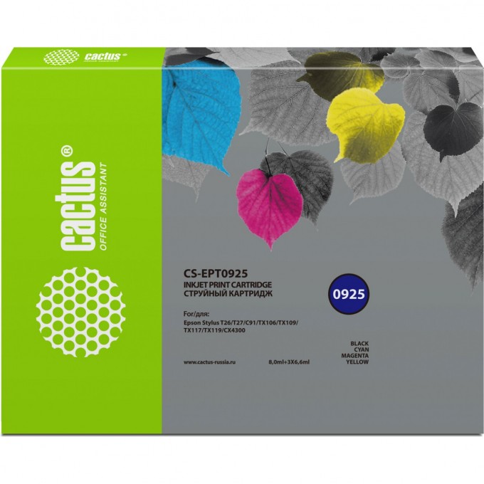 Струйный картридж CACTUS (T0925) для принтеров Epson Stylus C91, C240, CX4300, T26, T27, TX106, TX109, TX117, TX119, набор, 8 мл + 3 x 6,6 мл CS-EPT0925 Струйный картридж CACTUS (T0925) для принтеров Epson Stylus C91, C240, CX4300, T26, T27, TX106, TX109, TX117, TX119, набор, 8 мл + 3 x 6,6 мл CS-EPT0925