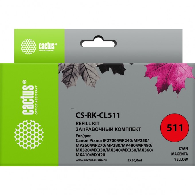Заправка для ПЗК CACTUS для Canon MP240, MP250, MP260, MP270 (3*30ml), цветной CS-RK-CL511 Заправка для ПЗК CACTUS для Canon MP240, MP250, MP260, MP270 (3*30ml), цветной CS-RK-CL511