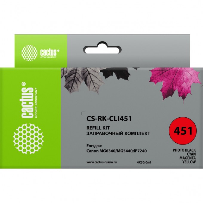 Заправочный набор CACTUS для Canon MG 6340, 5440, IP7240, многоцветный, 4*30ml CS-RK-CLI451 Заправочный набор CACTUS для Canon MG 6340, 5440, IP7240, многоцветный, 4*30ml CS-RK-CLI451